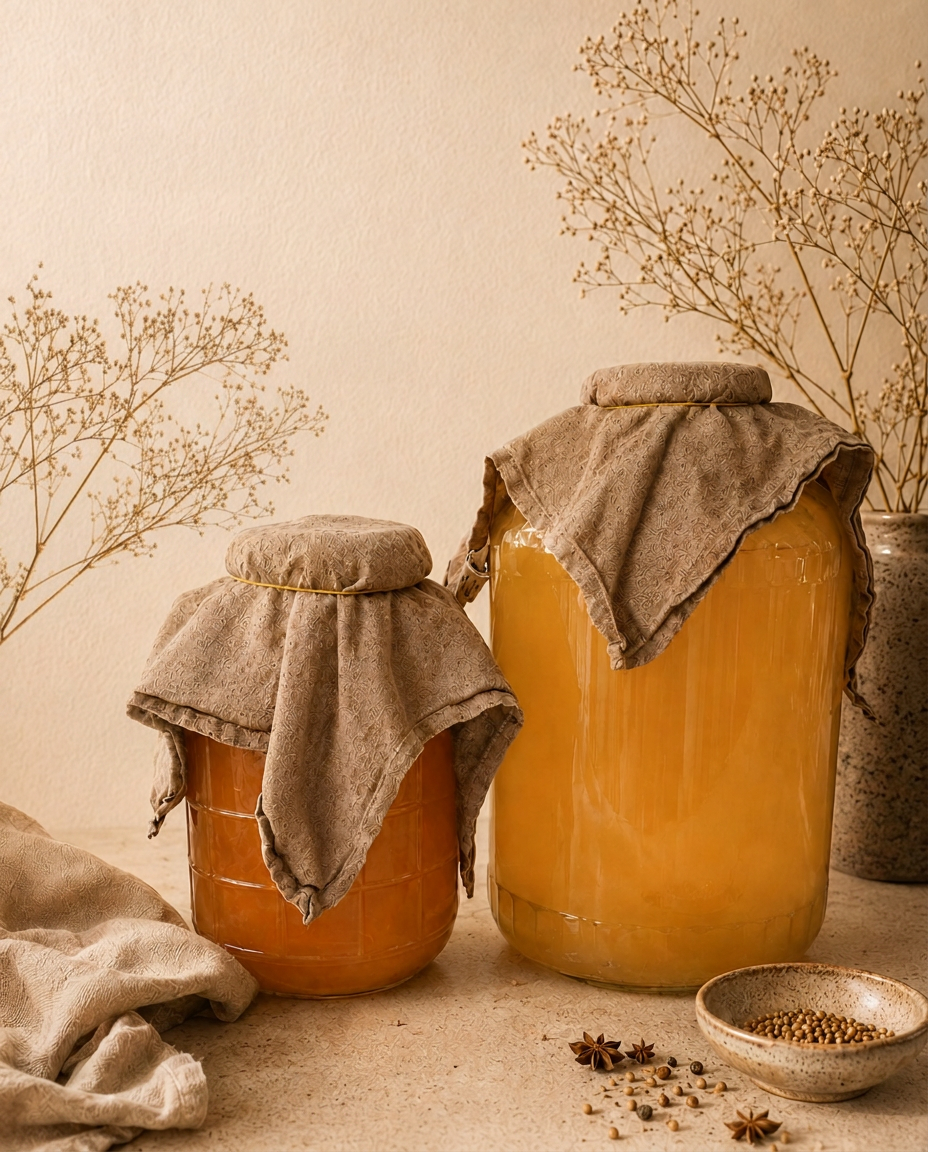 Two glass jars of slowly bubbling kombucha covered with cloth